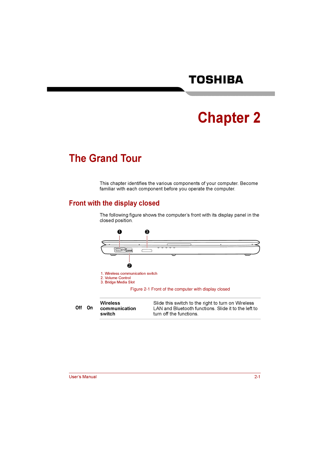 Toshiba satellite pro user manual Grand Tour, Front with the display closed 