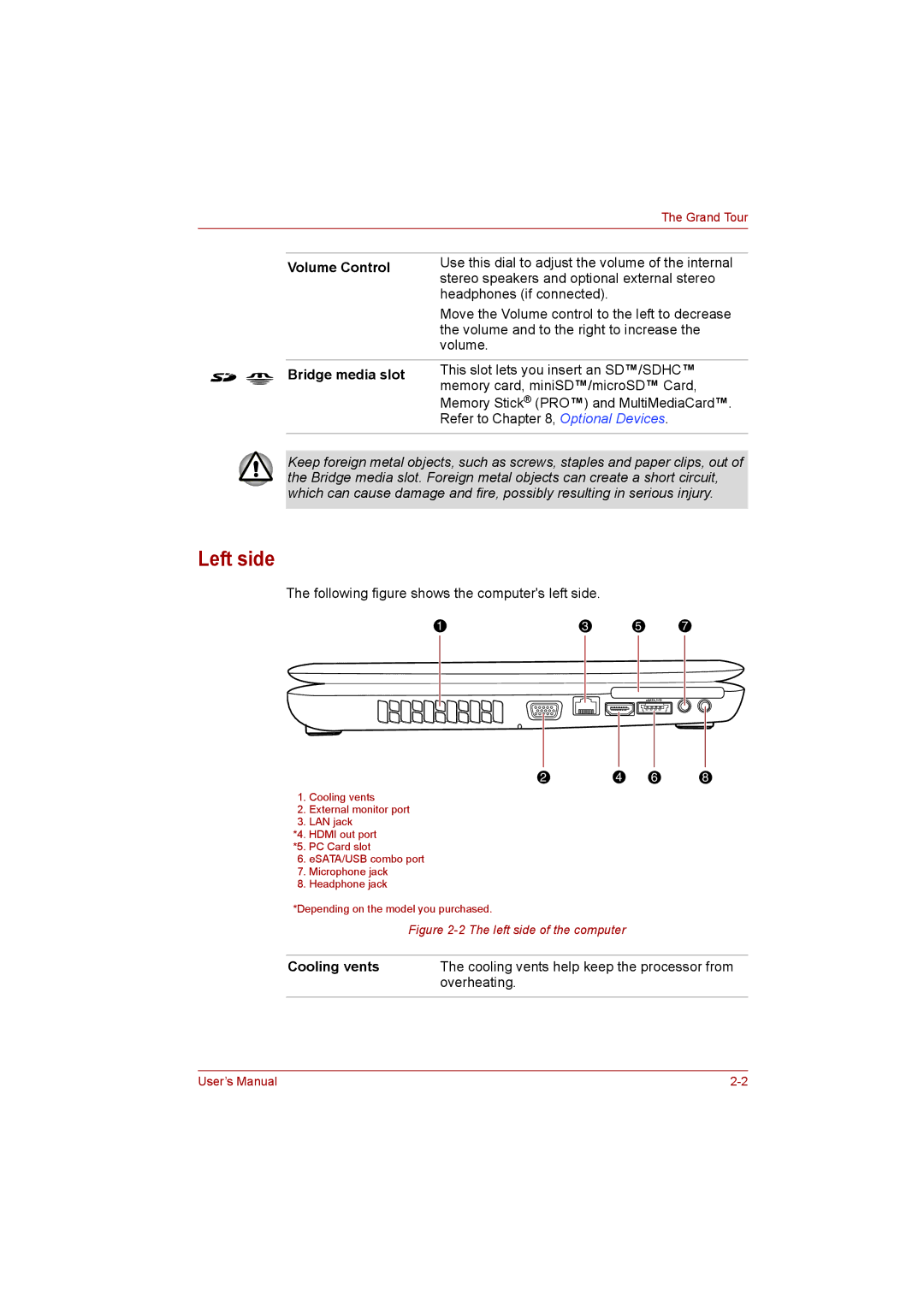 Toshiba satellite pro user manual Left side, Volume Control, Bridge media slot, Cooling vents 