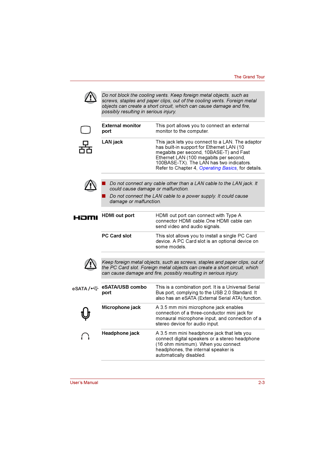 Toshiba satellite pro user manual Port, LAN jack, PC Card slot 