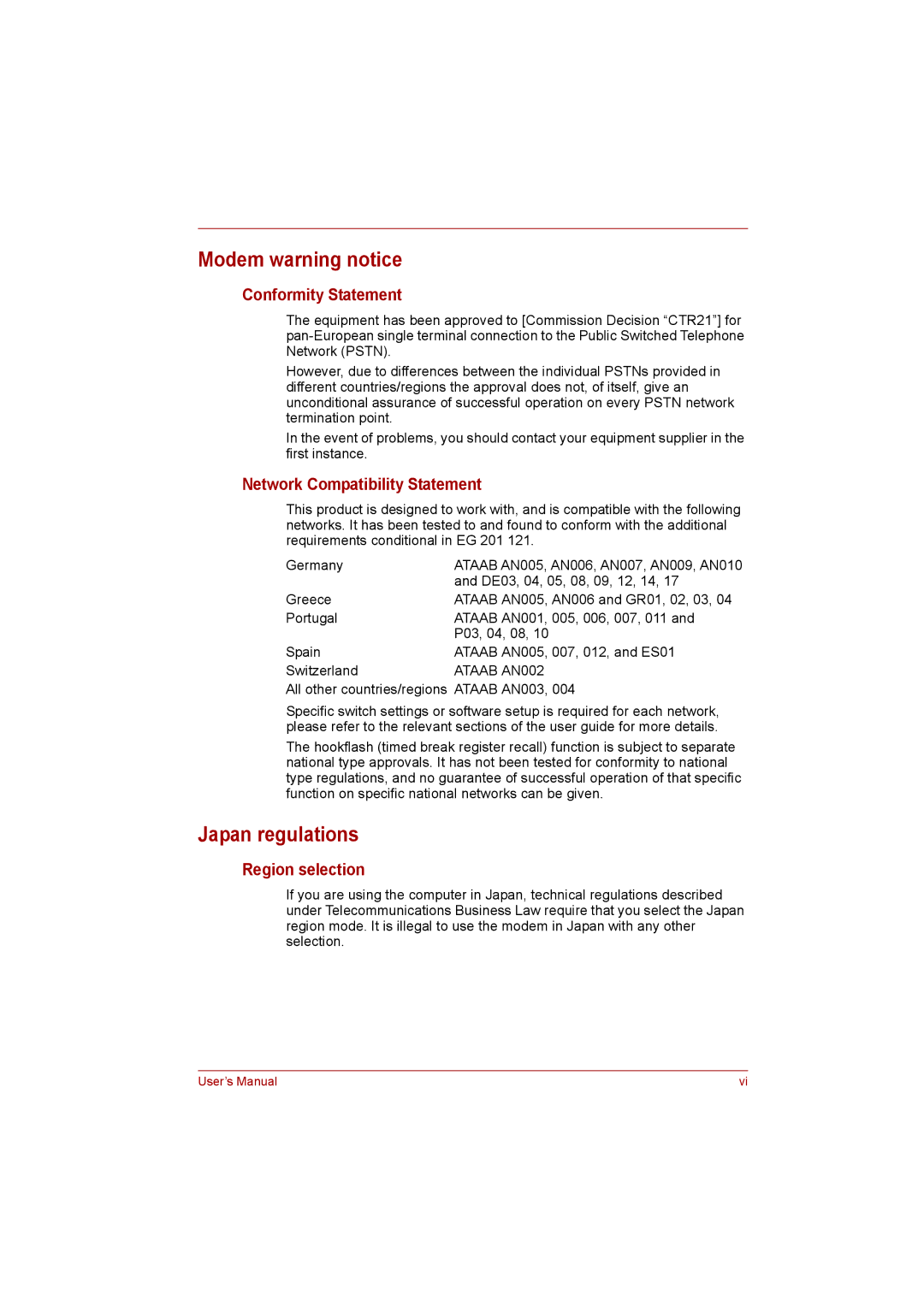 Toshiba satellite pro Modem warning notice, Japan regulations, Conformity Statement, Network Compatibility Statement 