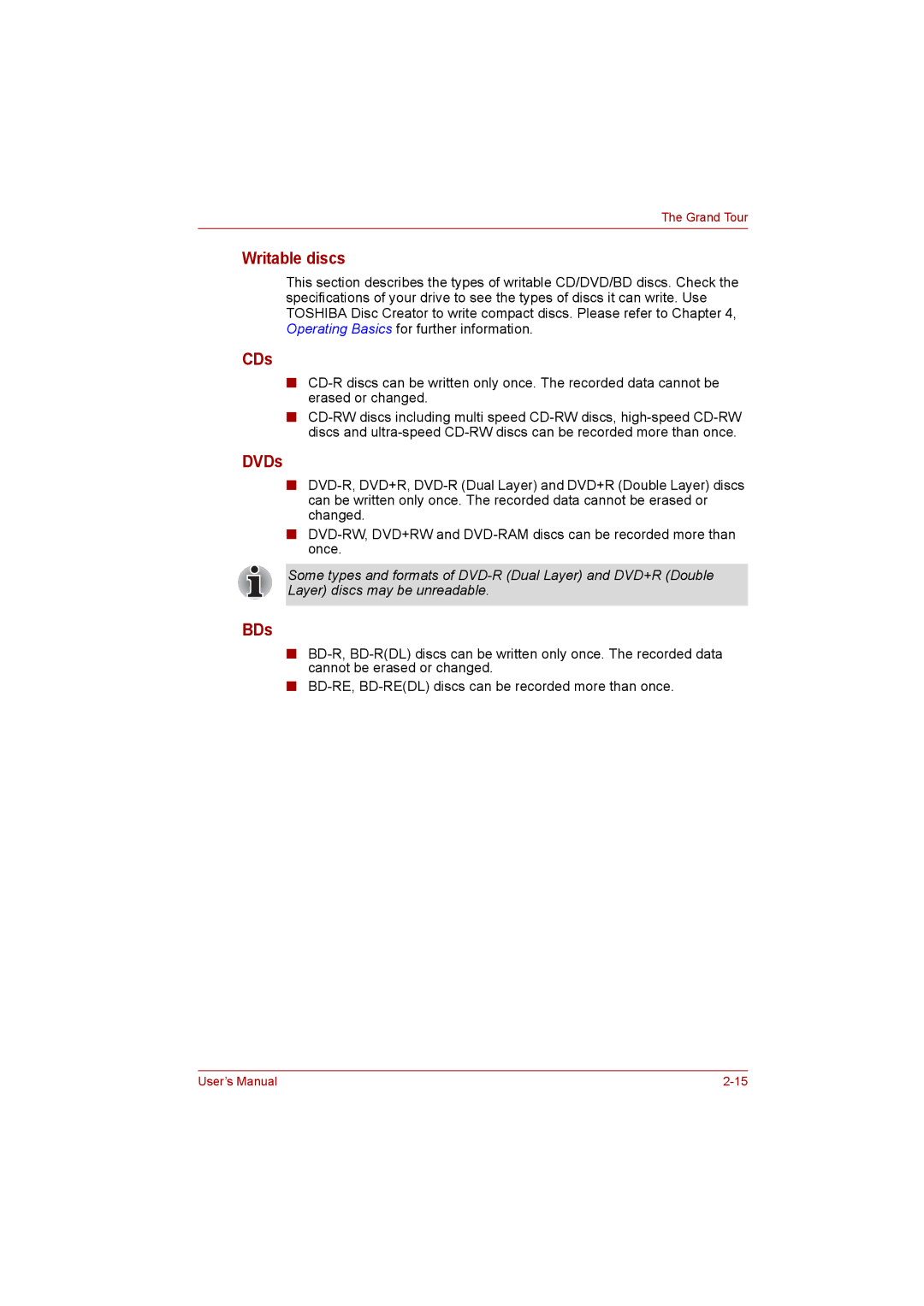 Toshiba satellite pro user manual Writable discs, CDs, DVDs, BDs 