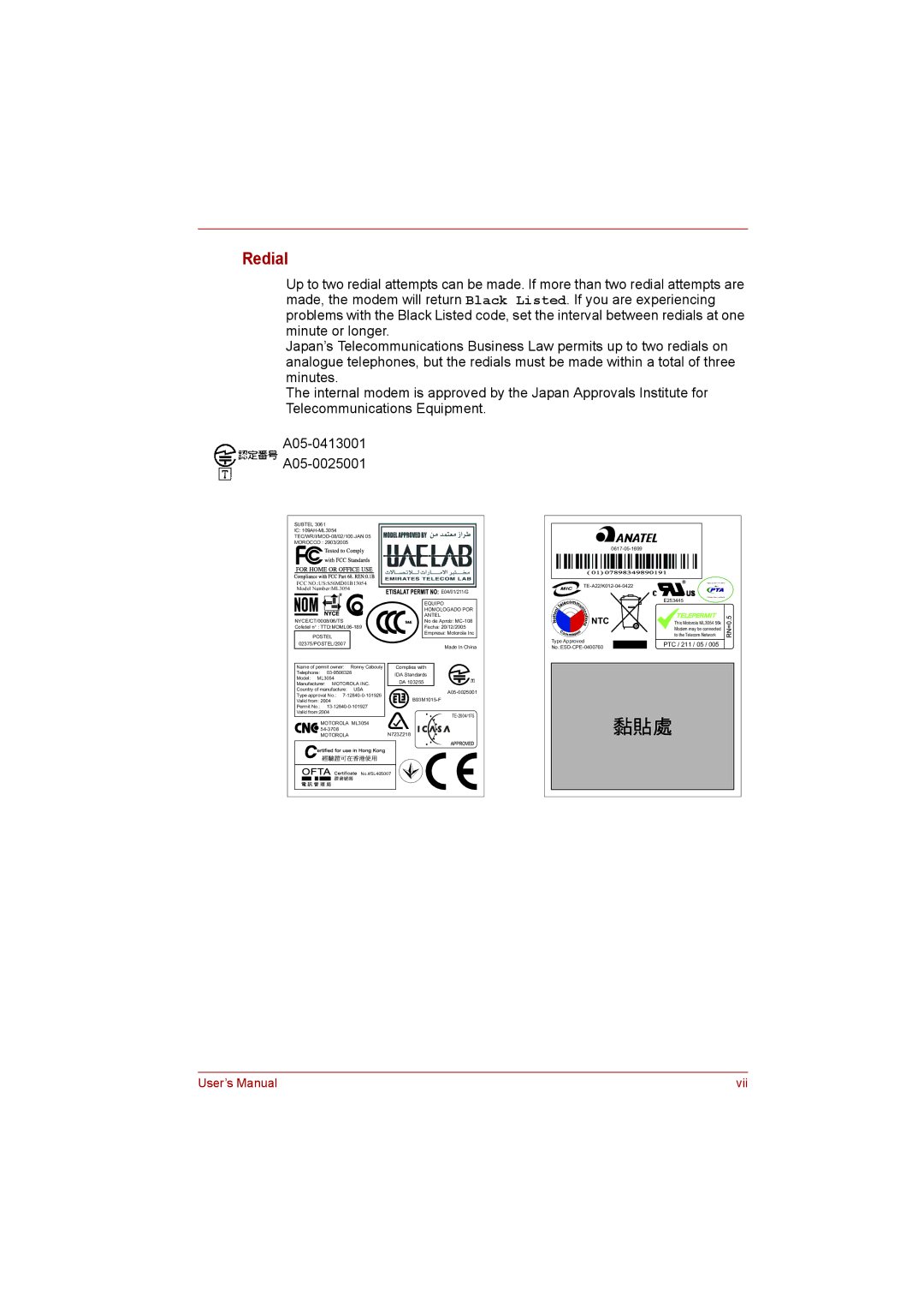 Toshiba satellite pro user manual Redial, FCC NO.USS56MD01B13054 