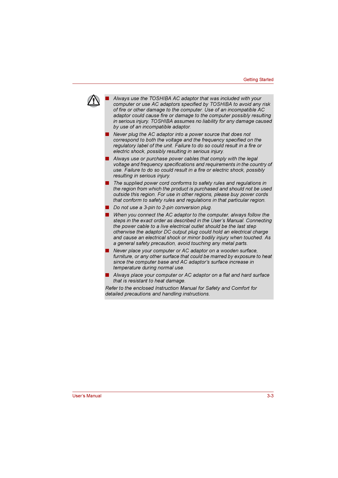 Toshiba satellite pro user manual Do not use a 3-pin to 2-pin conversion plug 