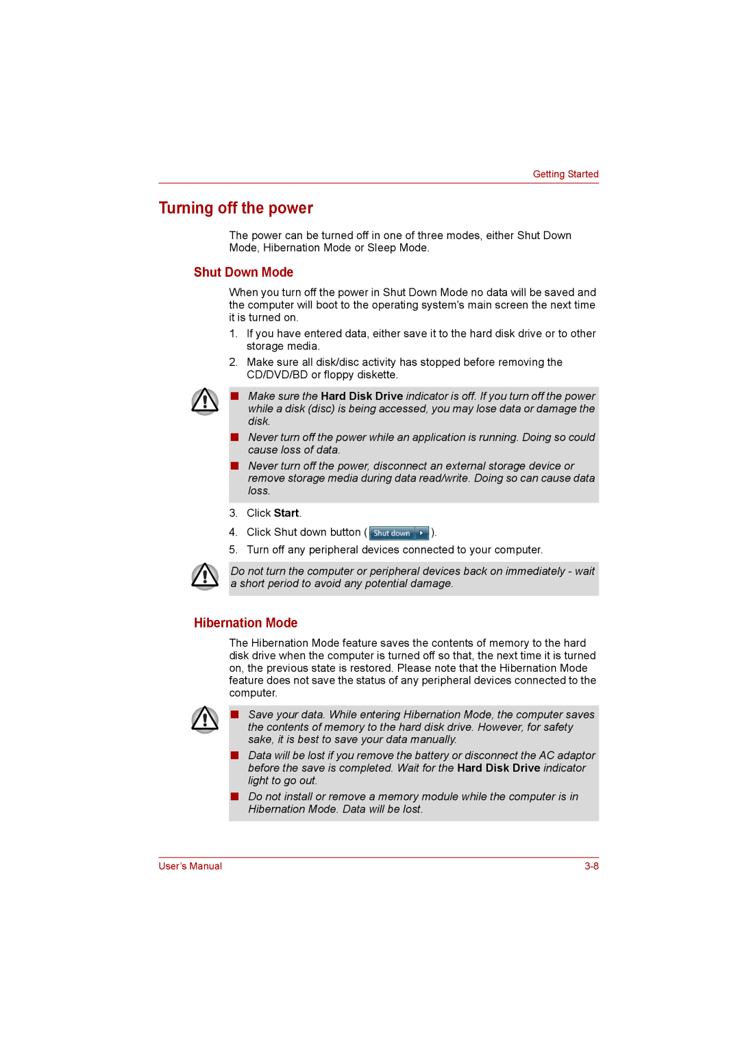 Toshiba satellite pro user manual Turning off the power, Shut Down Mode, Hibernation Mode 