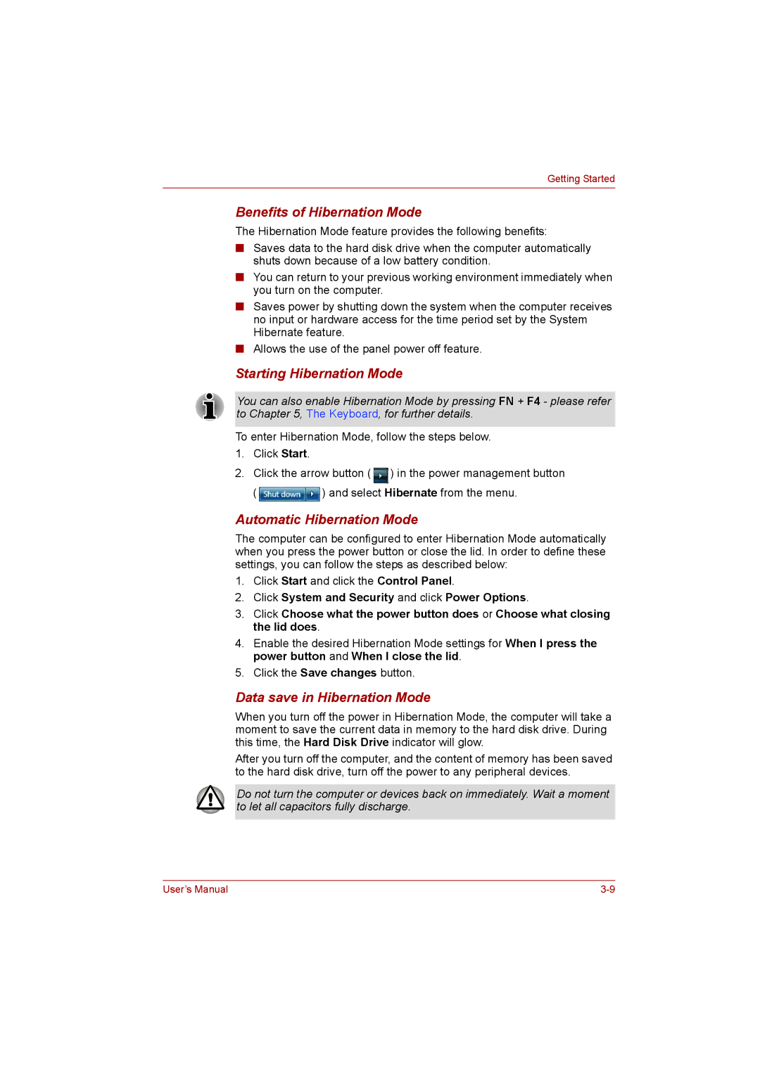 Toshiba satellite pro user manual Benefits of Hibernation Mode, Starting Hibernation Mode, Automatic Hibernation Mode 