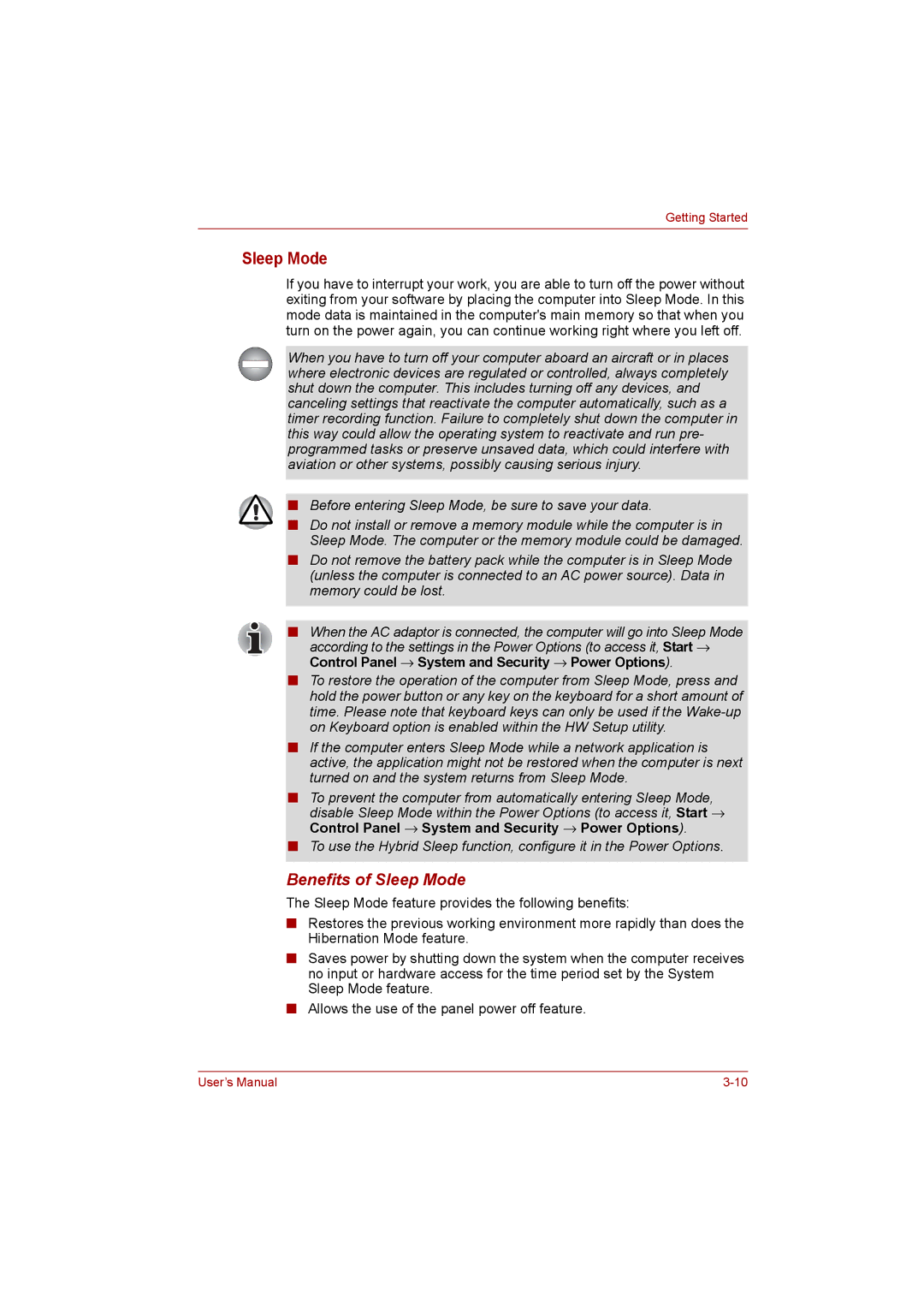 Toshiba satellite pro user manual Benefits of Sleep Mode 