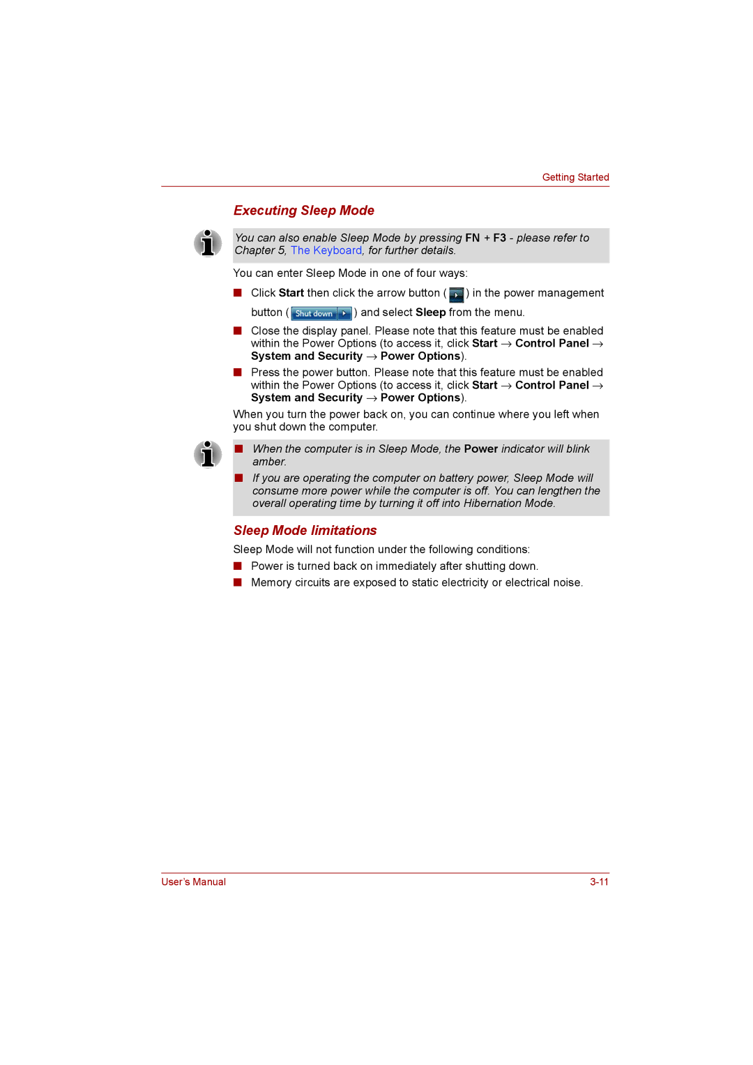 Toshiba satellite pro user manual Executing Sleep Mode, Sleep Mode limitations 