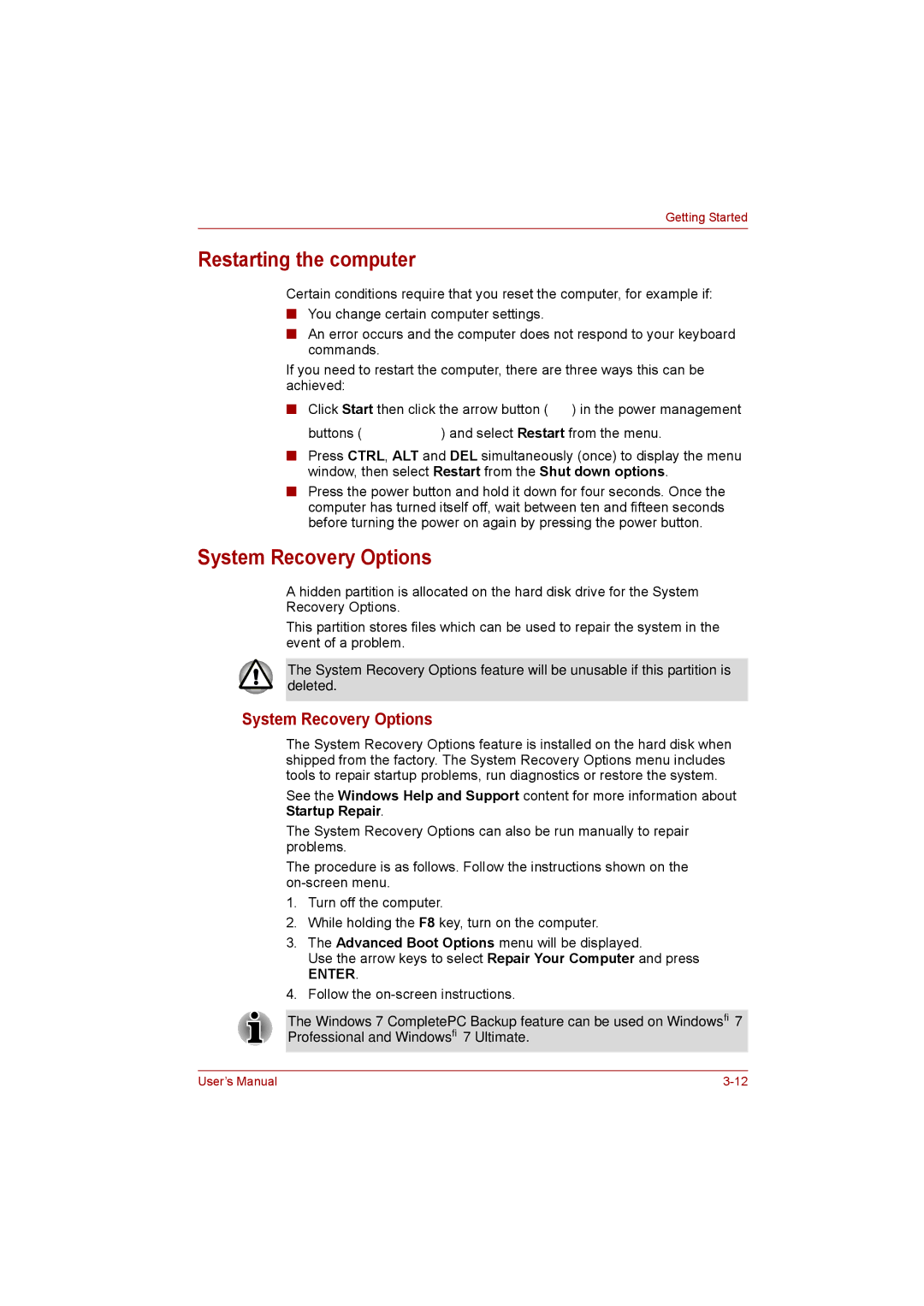 Toshiba satellite pro user manual Restarting the computer, System Recovery Options 