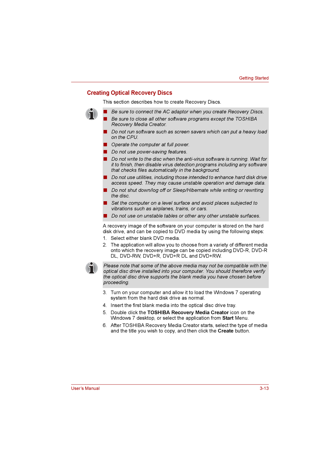 Toshiba satellite pro user manual Creating Optical Recovery Discs 