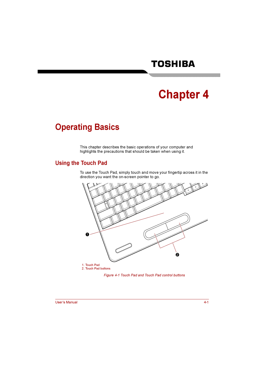 Toshiba satellite pro user manual Operating Basics, Using the Touch Pad 