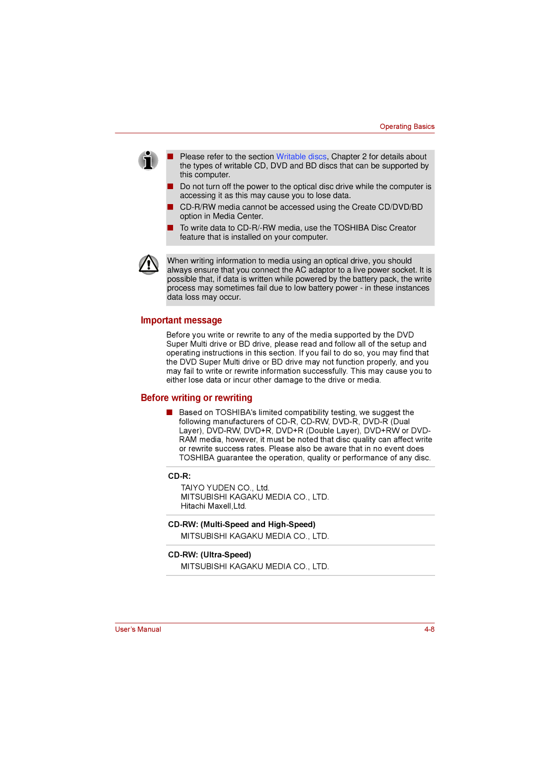 Toshiba satellite pro Important message, Before writing or rewriting, CD-RW Multi-Speed and High-Speed CD-RW Ultra-Speed 