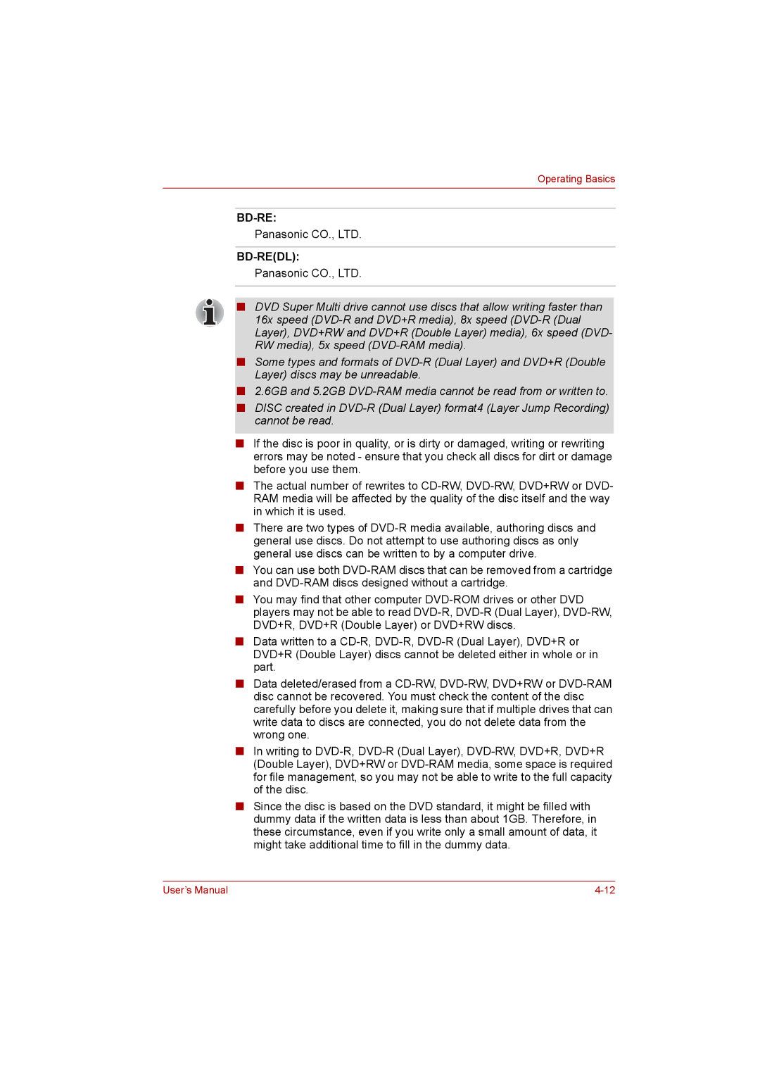 Toshiba satellite pro user manual Bd-Re Bd-Redl 