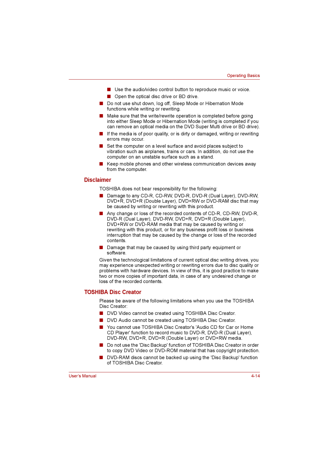 Toshiba satellite pro user manual Disclaimer, Toshiba Disc Creator 