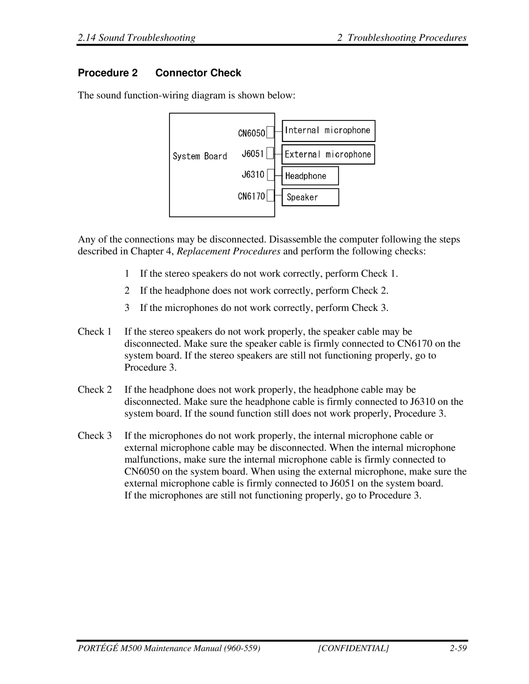 Toshiba SATELLITE U200 manual Sound Troubleshooting Troubleshooting Procedures, Procedure 2 Connector Check 