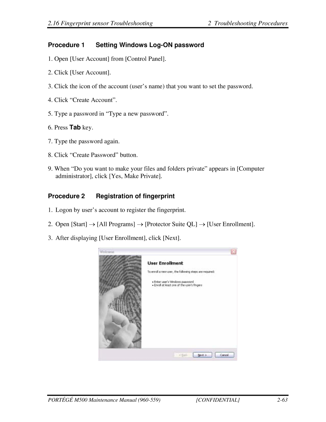 Toshiba SATELLITE U200 manual Procedure 1 Setting Windows Log-ON password, Procedure 2 Registration of fingerprint 