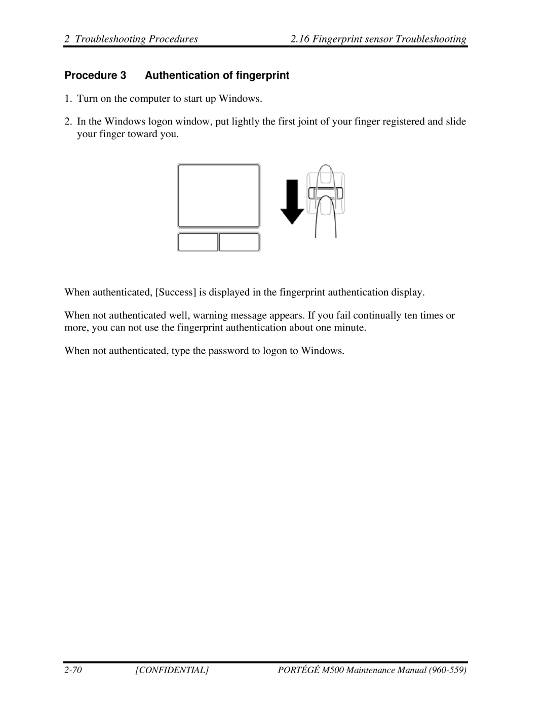 Toshiba SATELLITE U200 manual Procedure 3 Authentication of fingerprint 