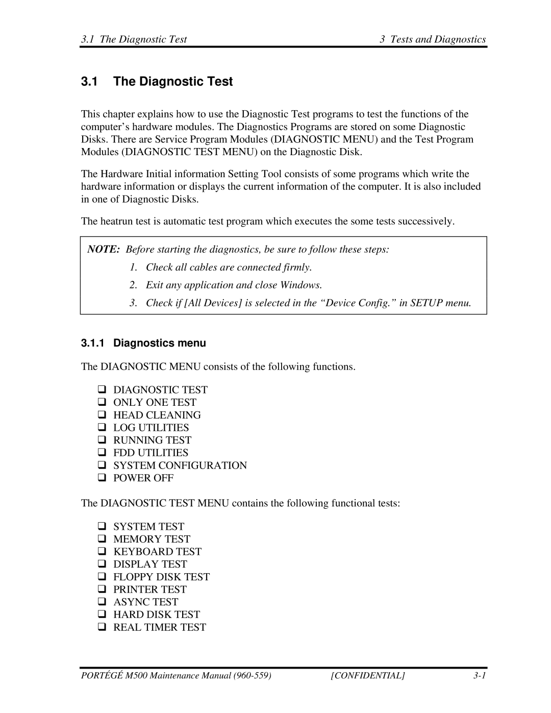 Toshiba SATELLITE U200 manual Diagnostic Test Tests and Diagnostics, Diagnostics menu 