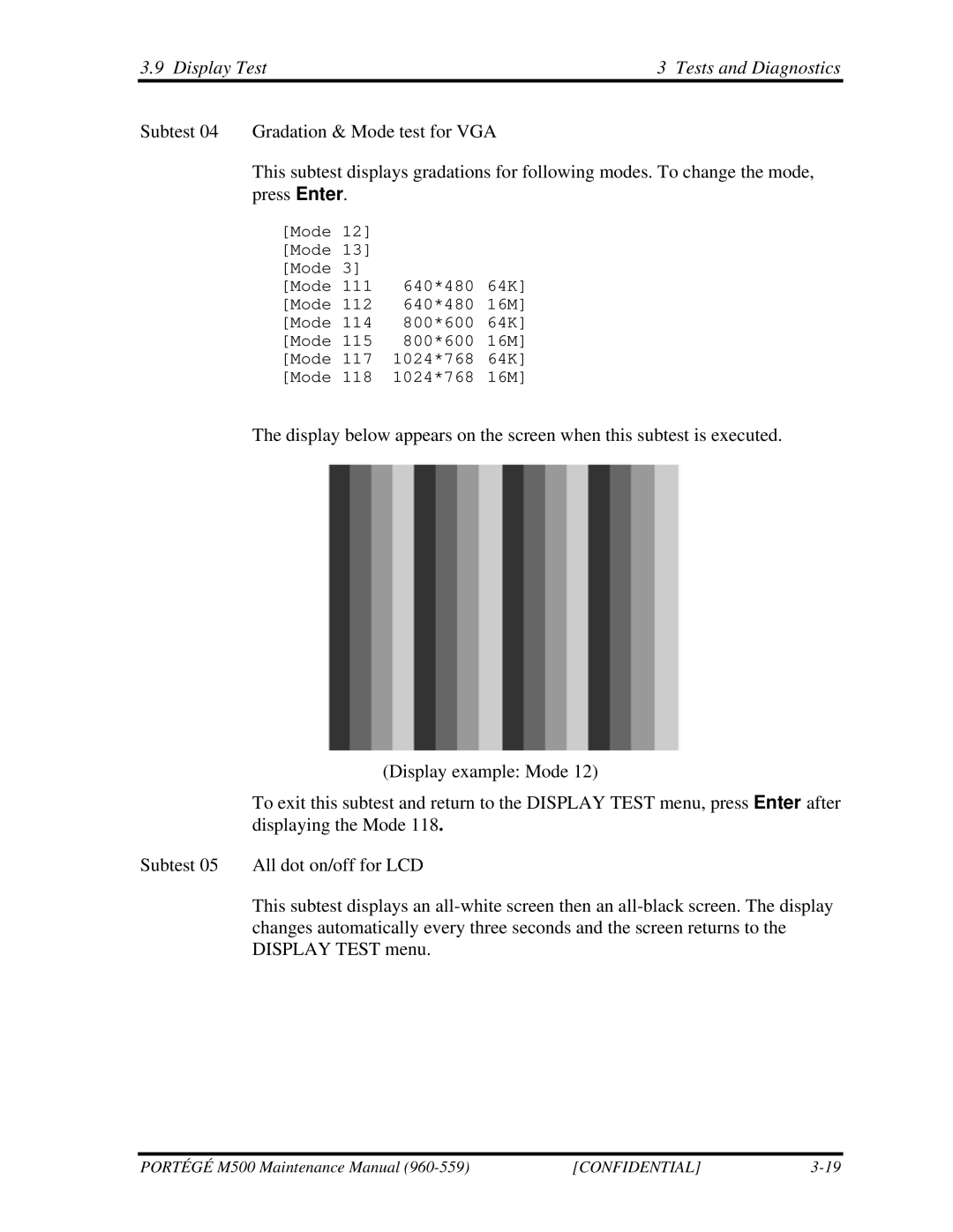 Toshiba SATELLITE U200 manual Display Test Tests and Diagnostics 