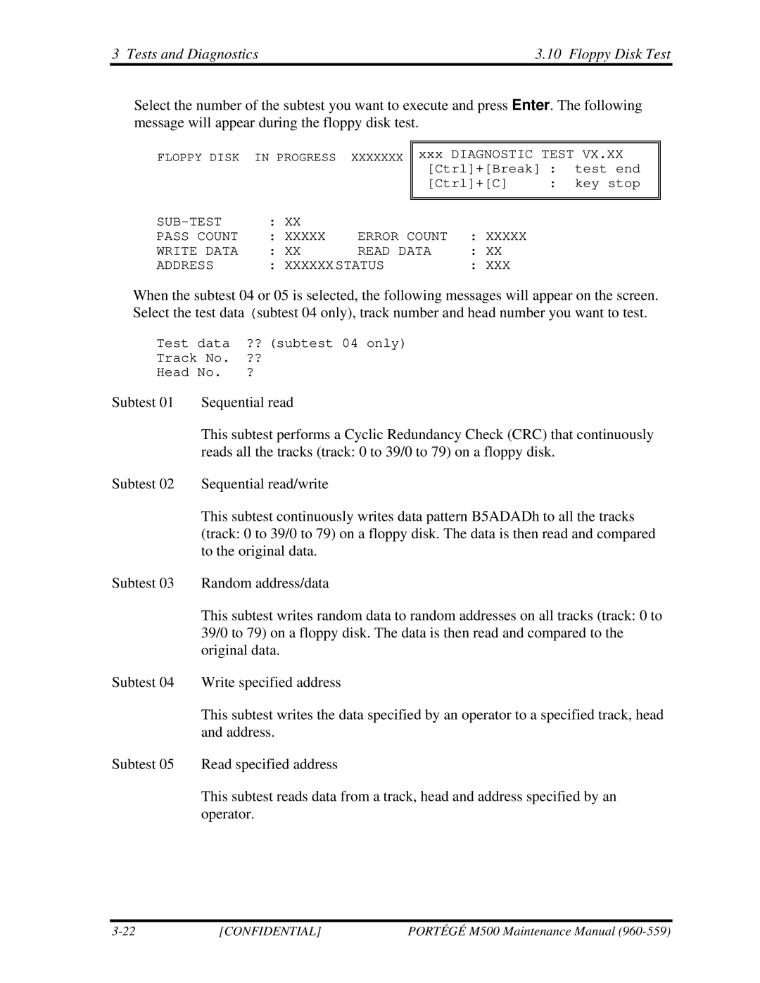 Toshiba SATELLITE U200 manual Tests and Diagnostics Floppy Disk Test 