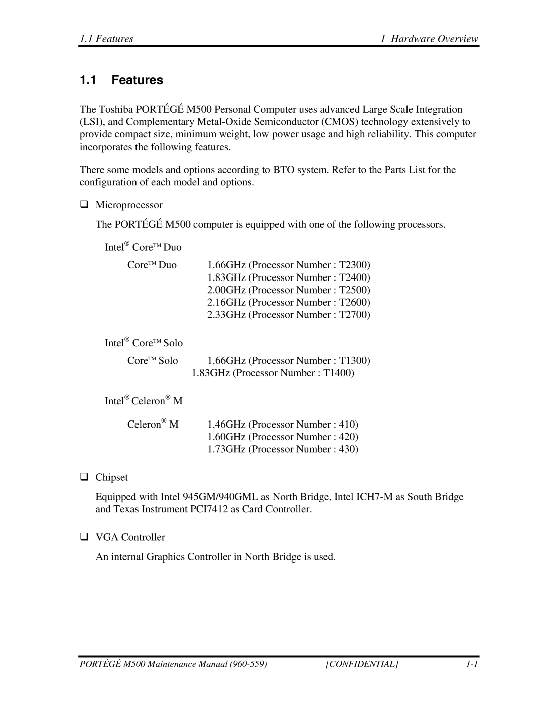 Toshiba SATELLITE U200 manual Features Hardware Overview 