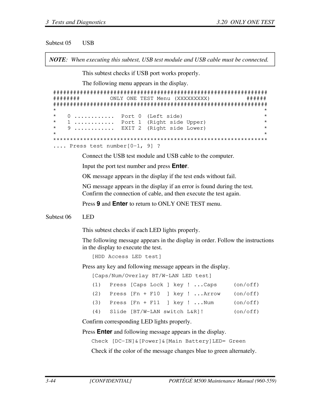 Toshiba SATELLITE U200 manual Subtest 05 USB, Press any key and following message appears in the display 