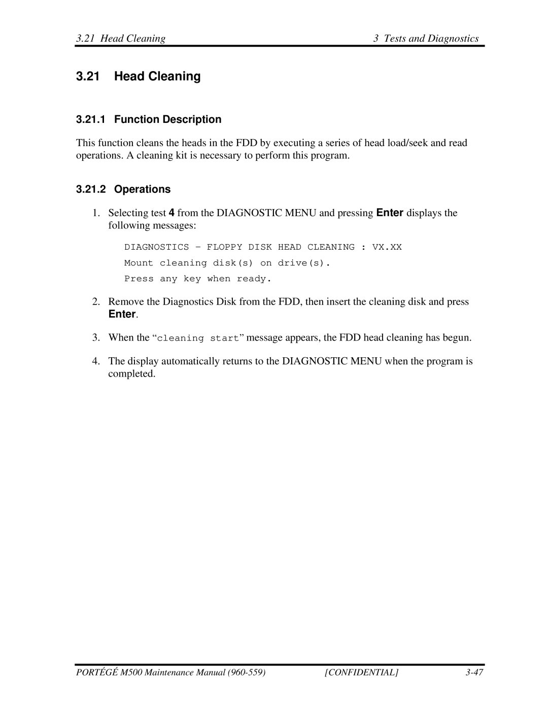 Toshiba SATELLITE U200 manual Head Cleaning Tests and Diagnostics, Function Description, Enter 