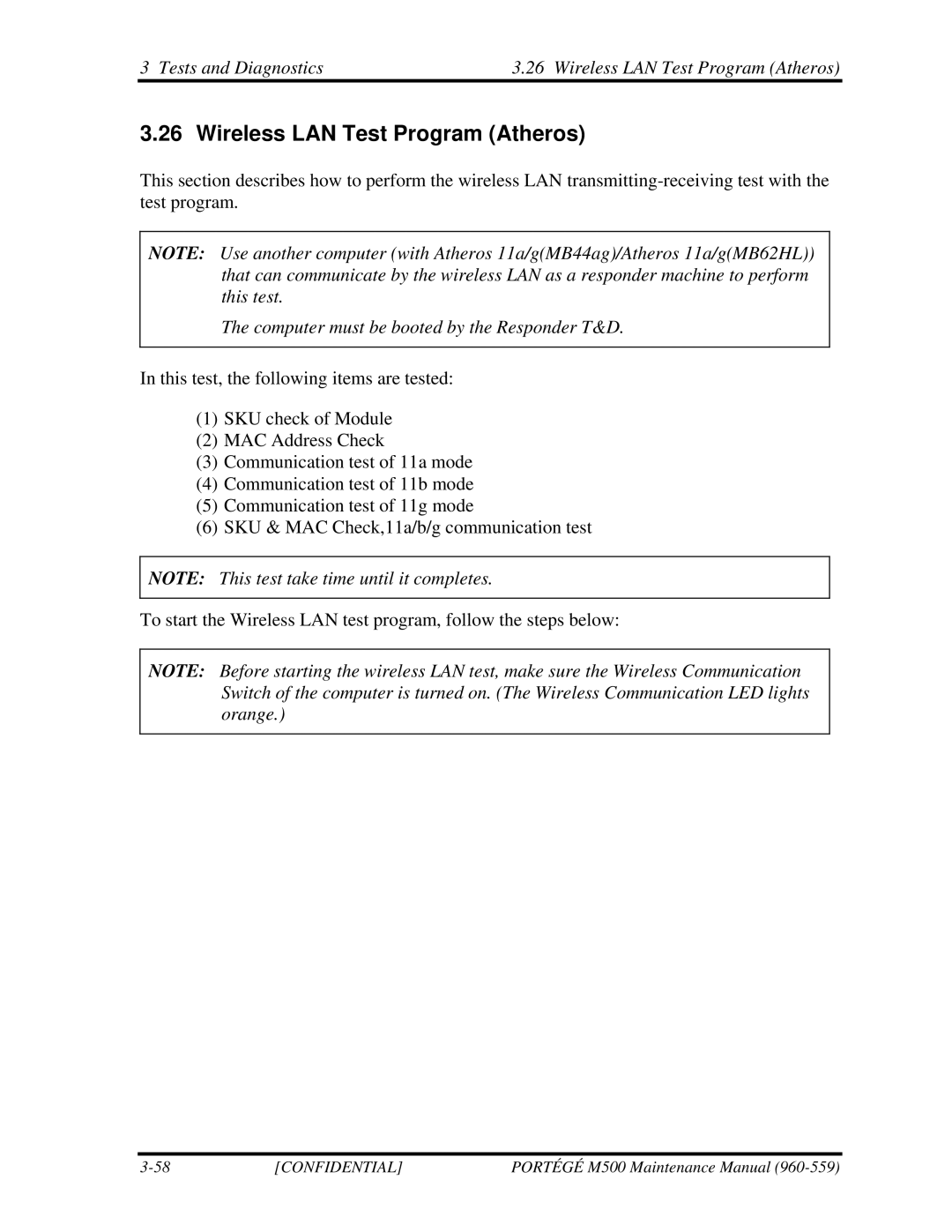 Toshiba SATELLITE U200 manual Tests and Diagnostics Wireless LAN Test Program Atheros 