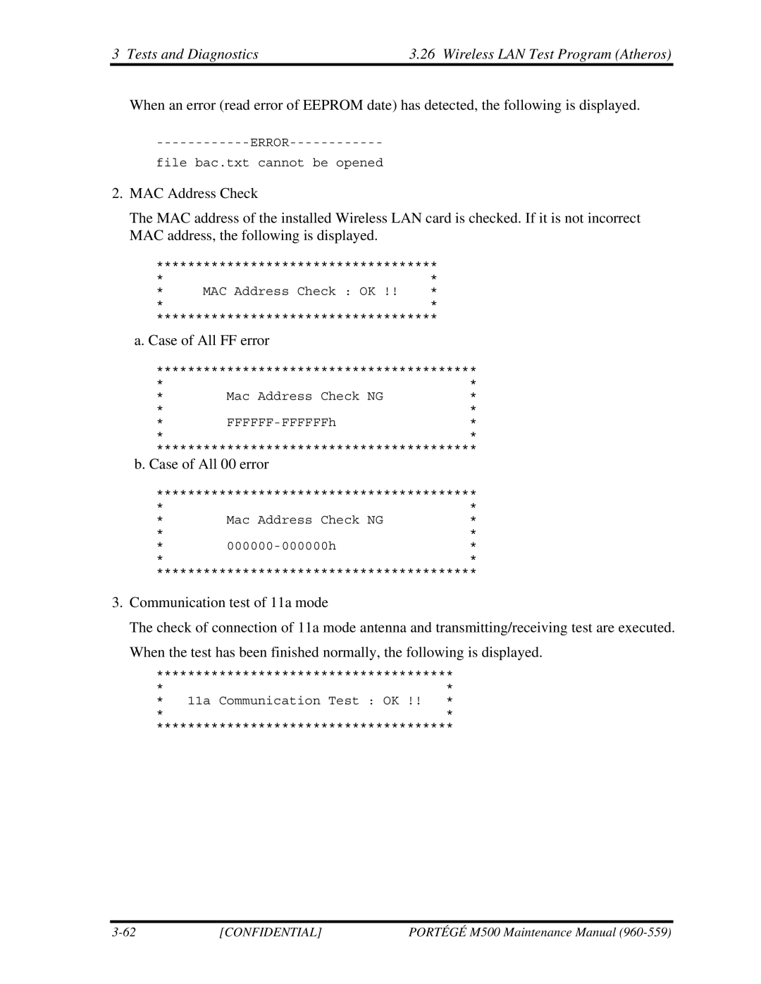 Toshiba SATELLITE U200 manual Tests and Diagnostics3.26 Wireless LAN Test Program Atheros 