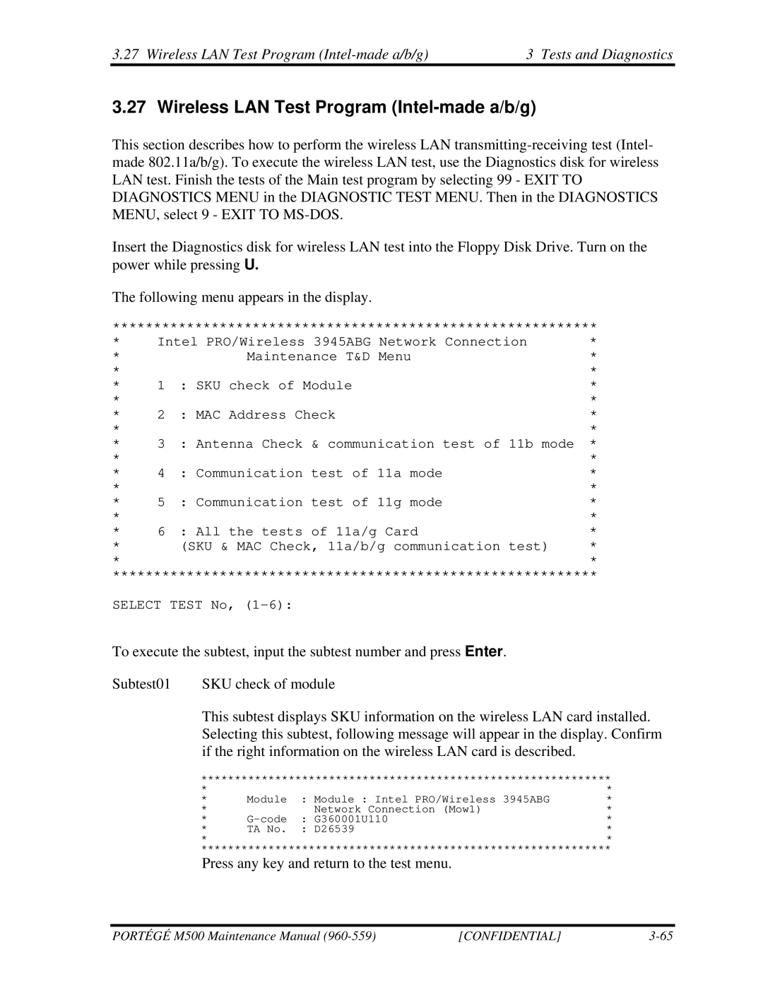 Toshiba SATELLITE U200 manual Wireless LAN Test Program Intel-made a/b/g 