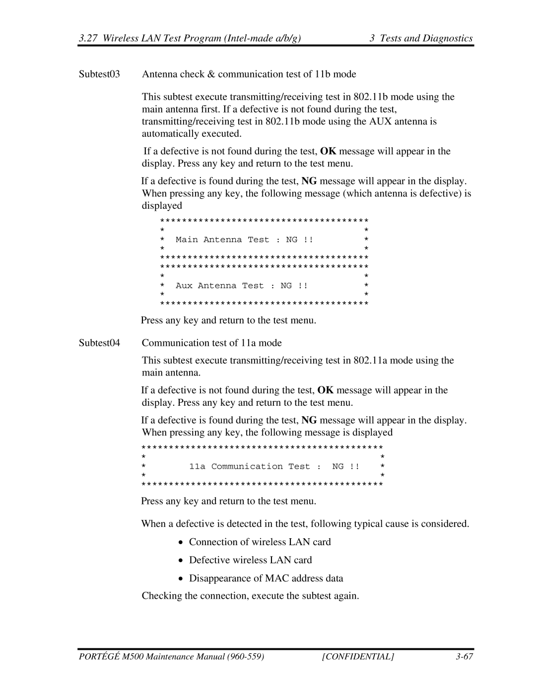 Toshiba SATELLITE U200 manual Main Antenna Test NG Aux Antenna Test NG 