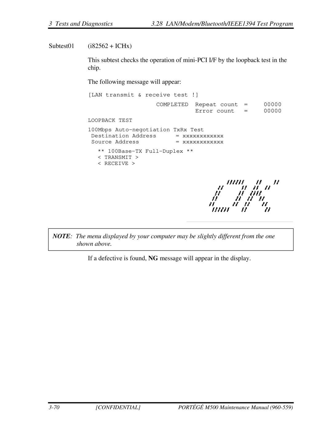 Toshiba SATELLITE U200 manual LAN transmit & receive test Completed Repeat count 00000 