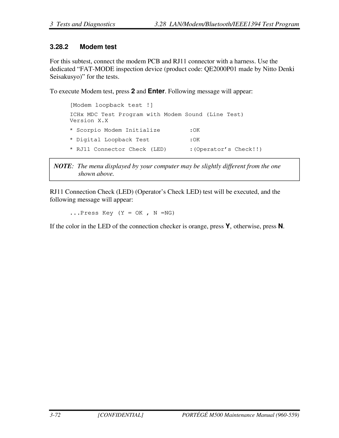 Toshiba SATELLITE U200 manual Modem test, Modem loopback test 