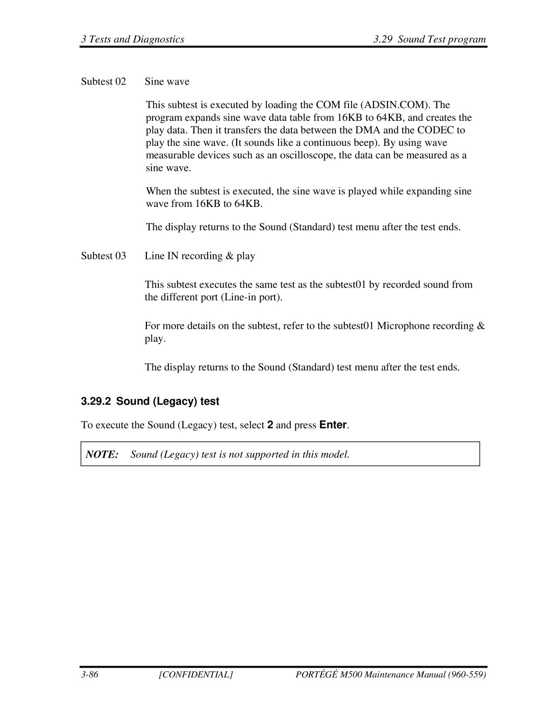 Toshiba SATELLITE U200 manual Tests and Diagnostics Sound Test program Subtest Sine wave, Sound Legacy test 