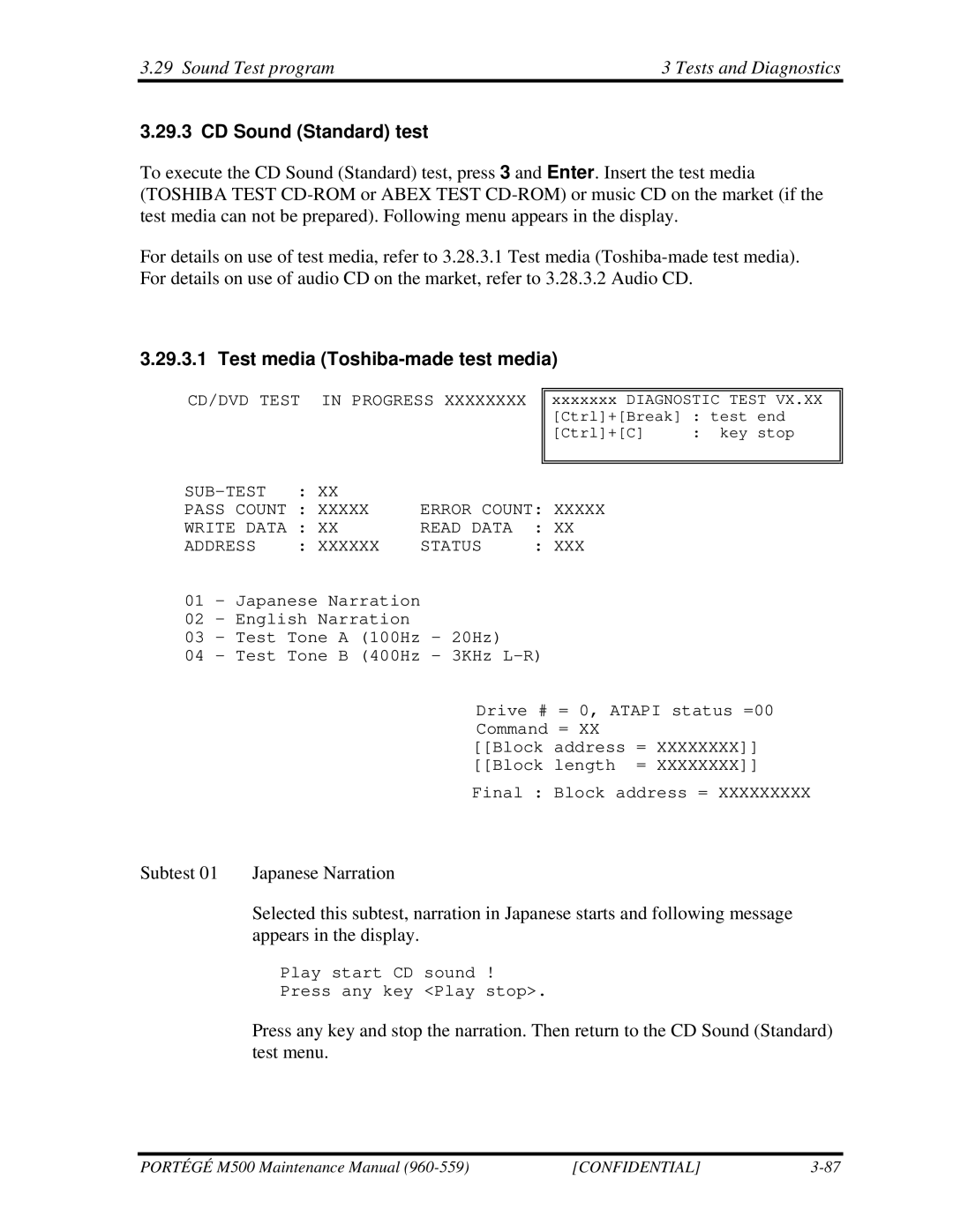 Toshiba SATELLITE U200 manual CD Sound Standard test, Test media Toshiba-made test media 