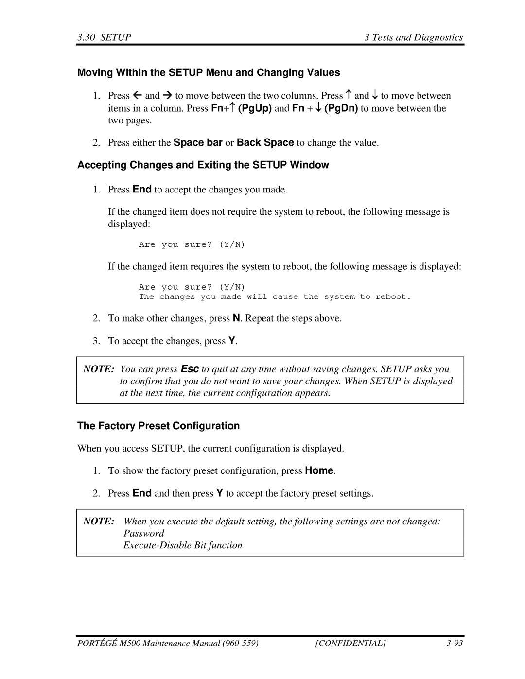 Toshiba SATELLITE U200 Moving Within the Setup Menu and Changing Values, Accepting Changes and Exiting the Setup Window 