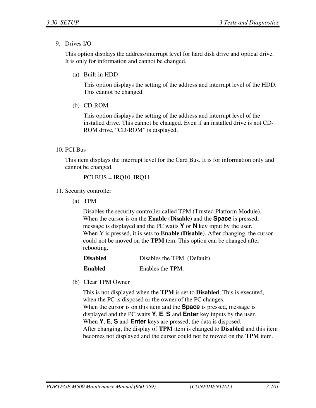 Toshiba SATELLITE U200 manual Disabled Disables the TPM. Default Enabled Enables the TPM 