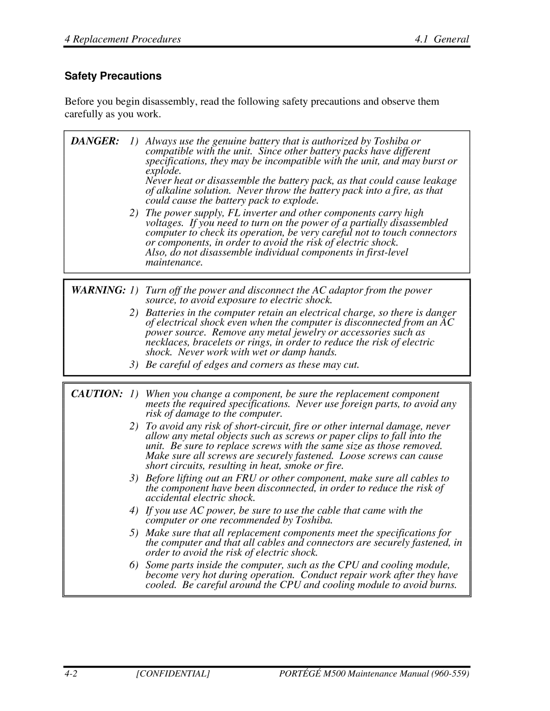 Toshiba SATELLITE U200 manual Replacement Procedures General, Safety Precautions 