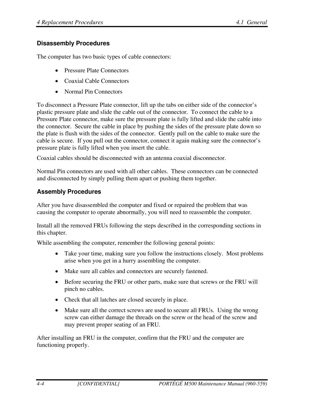 Toshiba SATELLITE U200 manual Disassembly Procedures, Assembly Procedures 