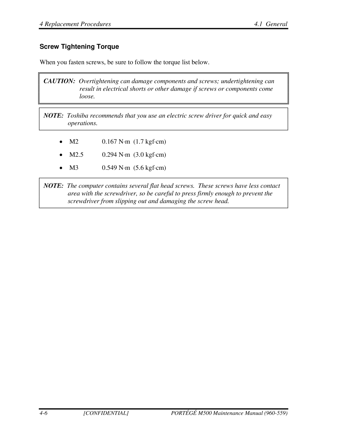 Toshiba SATELLITE U200 manual Screw Tightening Torque 