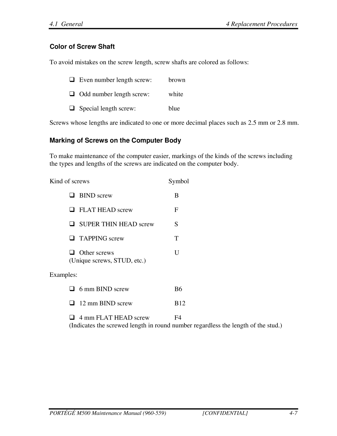 Toshiba SATELLITE U200 manual Color of Screw Shaft, Marking of Screws on the Computer Body 