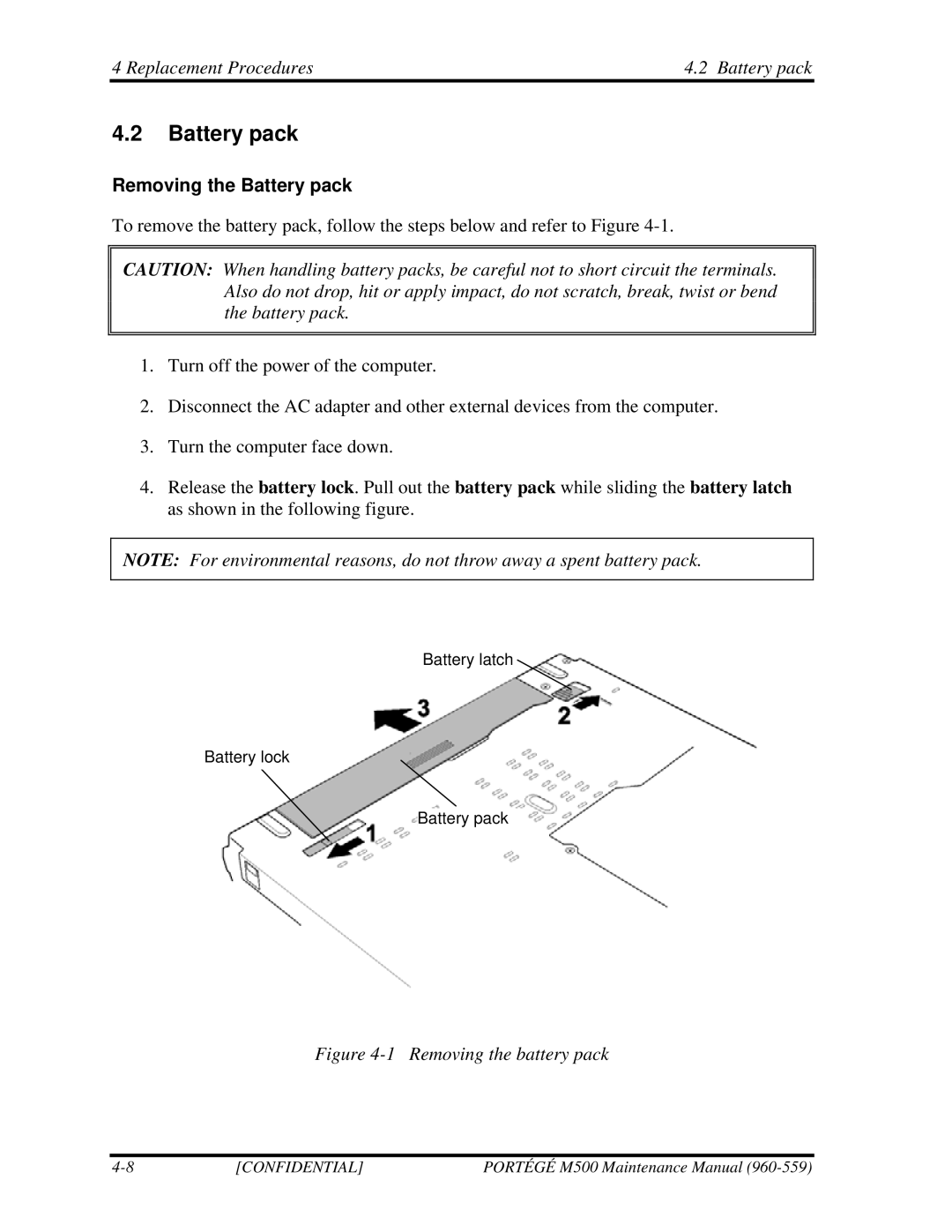 Toshiba SATELLITE U200 manual Replacement Procedures Battery pack, Removing the Battery pack 