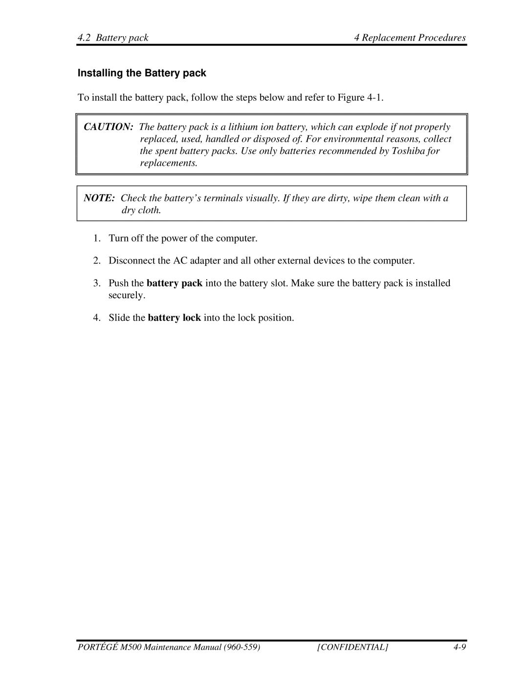 Toshiba SATELLITE U200 manual Battery pack Replacement Procedures, Installing the Battery pack 