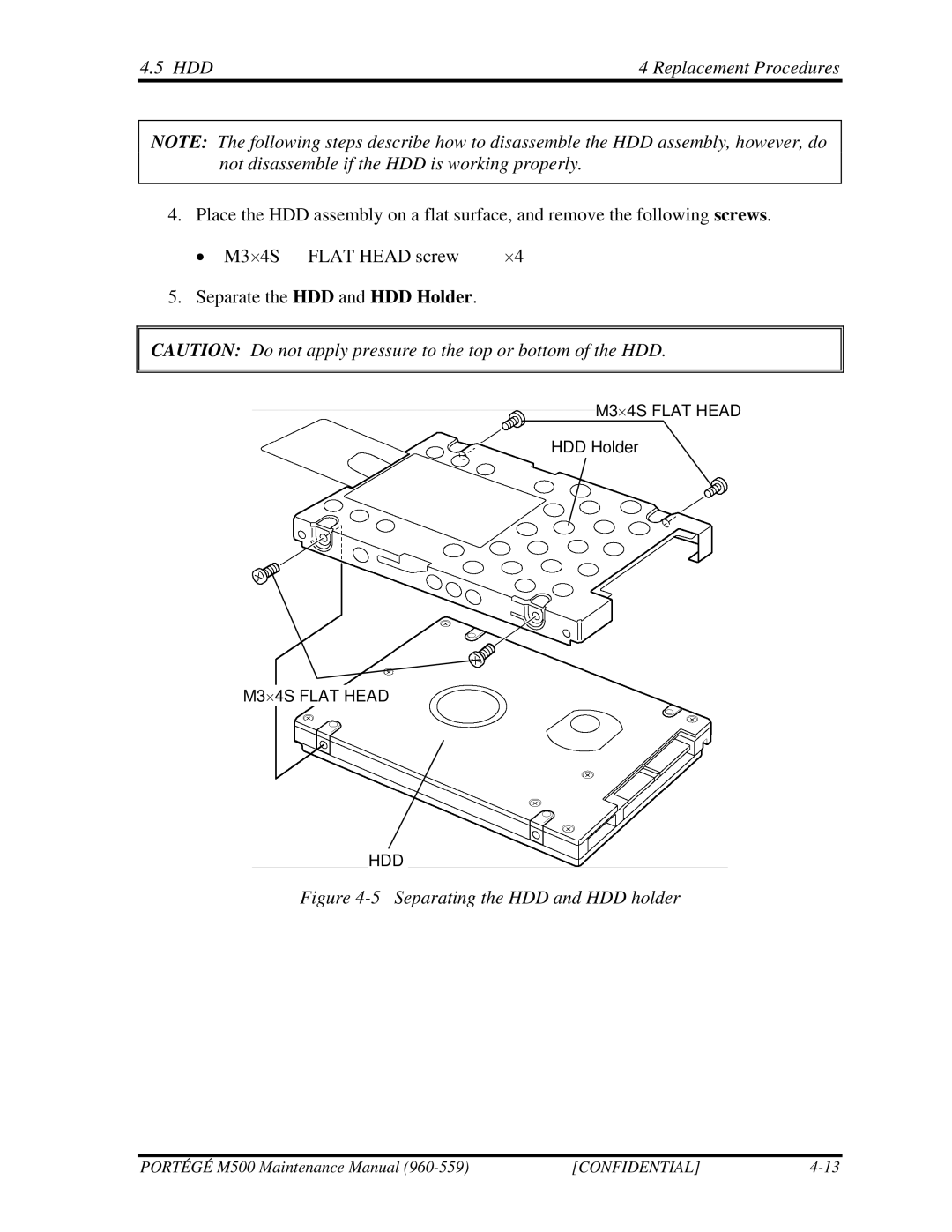 Toshiba SATELLITE U200 manual HDD Replacement Procedures, Separating the HDD and HDD holder 