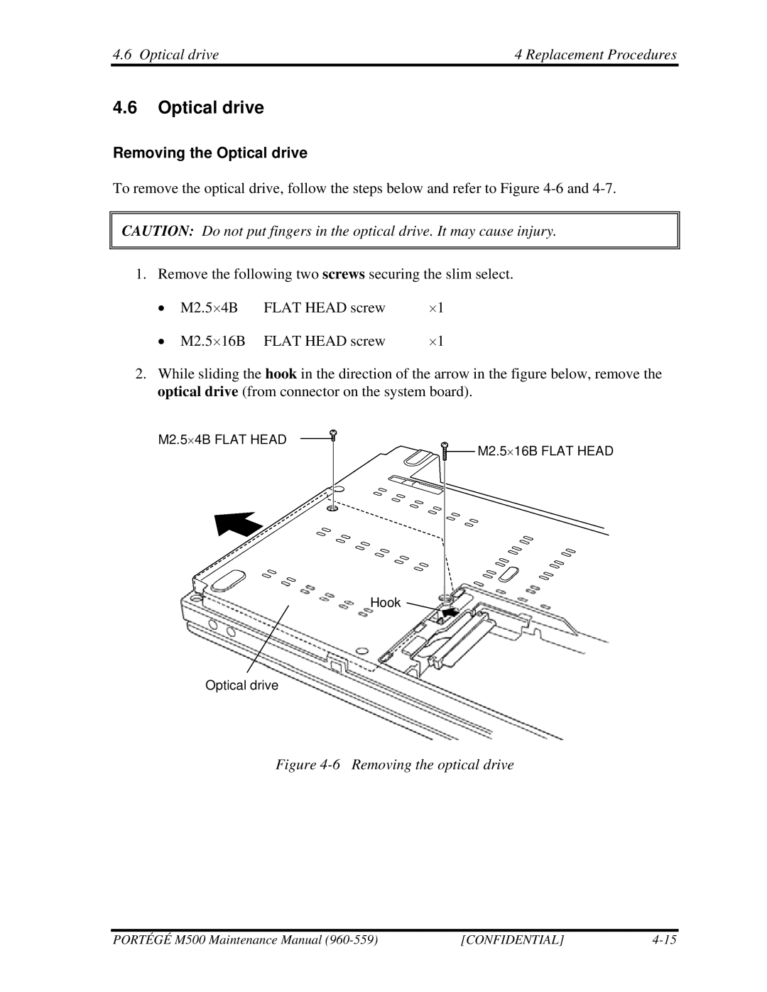 Toshiba SATELLITE U200 manual Optical drive Replacement Procedures, Removing the Optical drive 