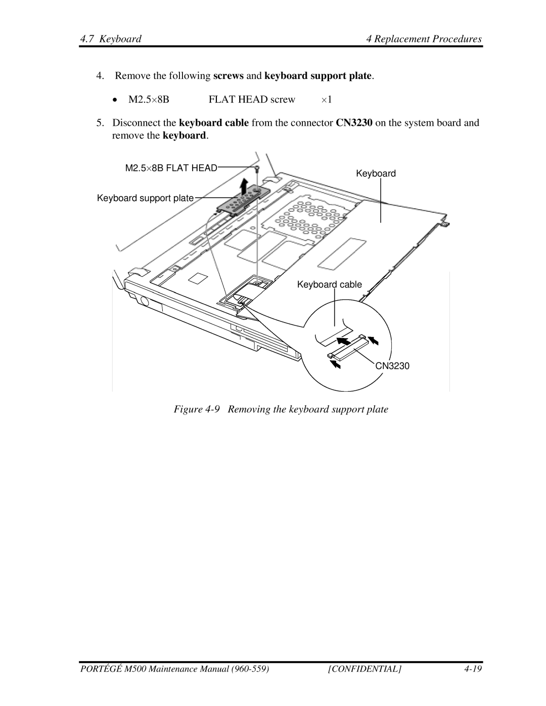 Toshiba SATELLITE U200 manual Keyboard Replacement Procedures, Removing the keyboard support plate 