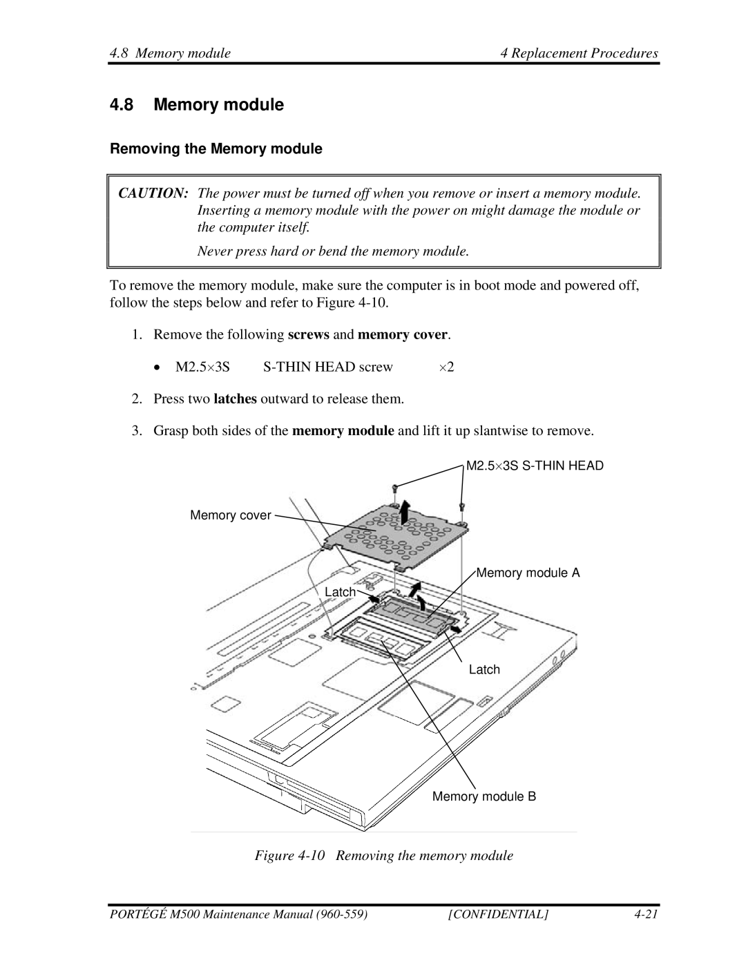 Toshiba SATELLITE U200 manual Memory module Replacement Procedures, Removing the Memory module 