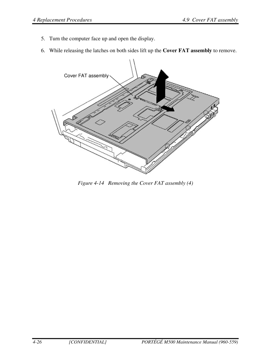 Toshiba SATELLITE U200 manual Replacement Procedures Cover FAT assembly, Removing the Cover FAT assembly 