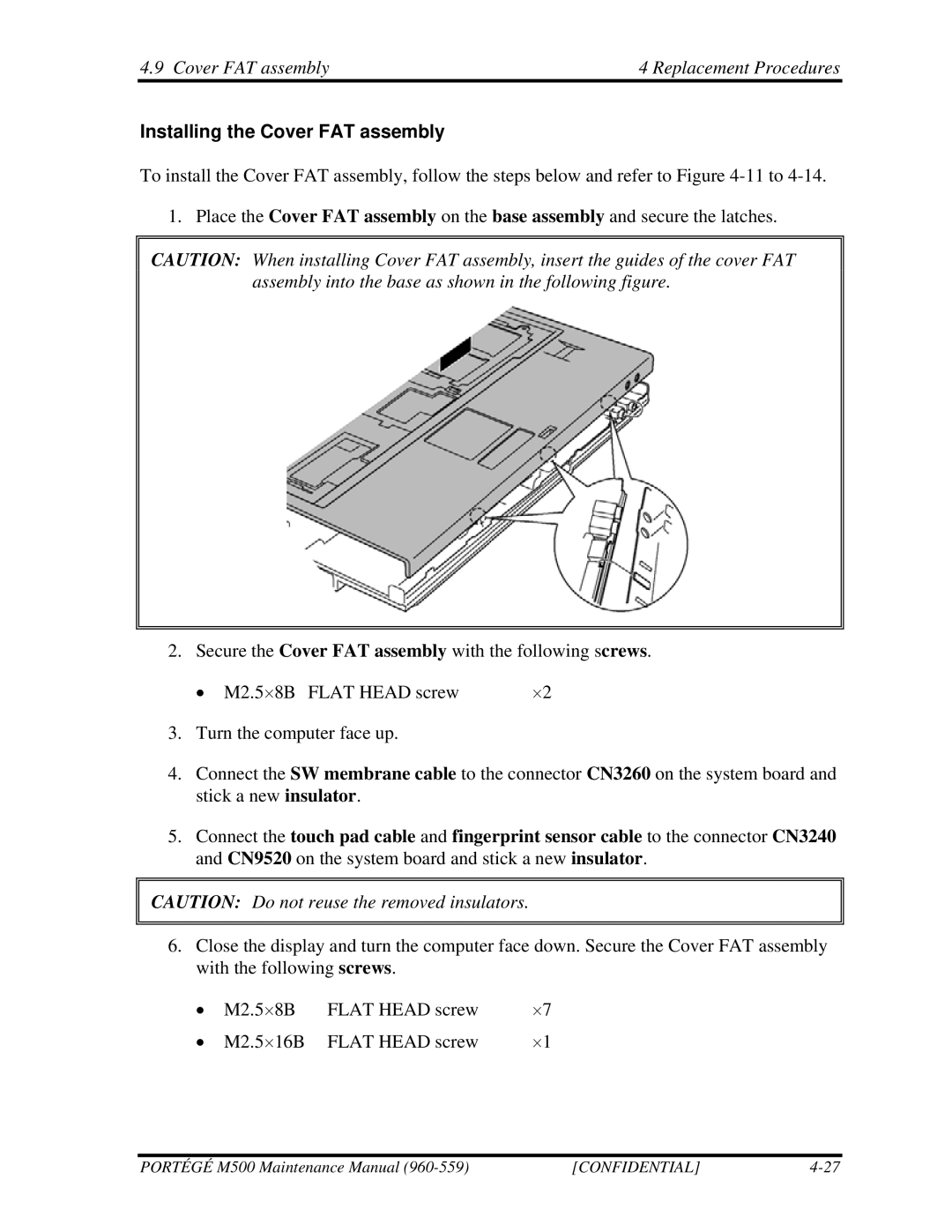 Toshiba SATELLITE U200 manual Installing the Cover FAT assembly 