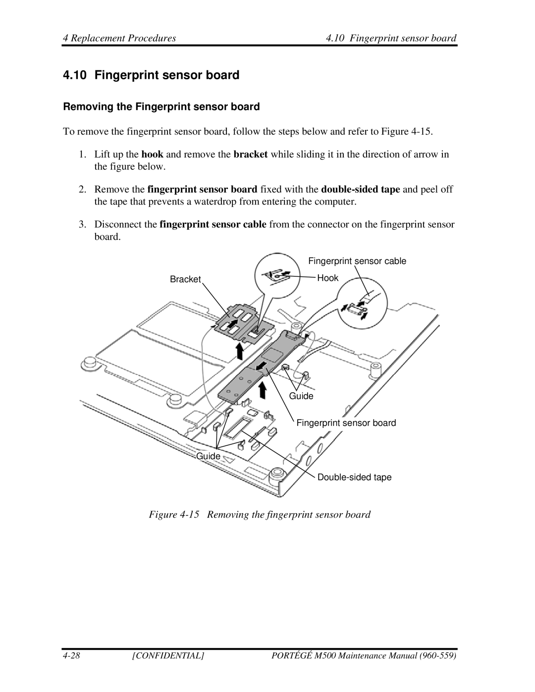 Toshiba SATELLITE U200 manual Replacement Procedures Fingerprint sensor board, Removing the Fingerprint sensor board 