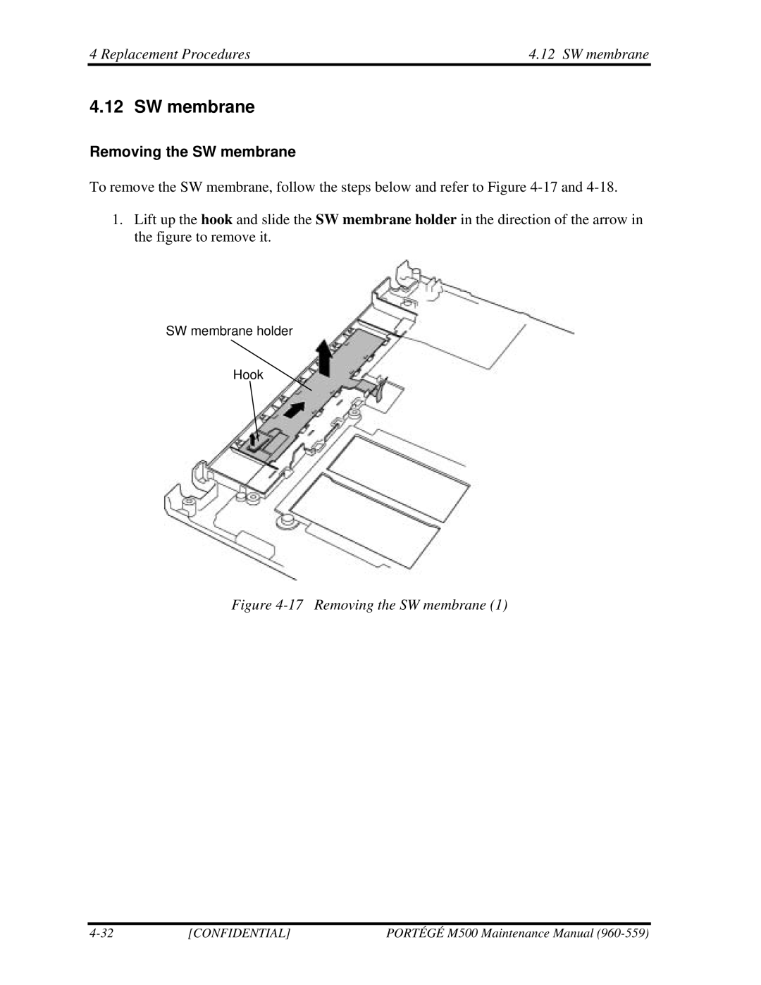 Toshiba SATELLITE U200 manual Replacement Procedures SW membrane, Removing the SW membrane 